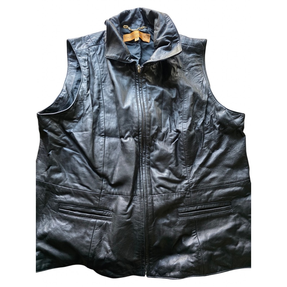 Classiques Entier Woman Black Leather Vest Full Zip Plus Size 18W Pocketed Lined